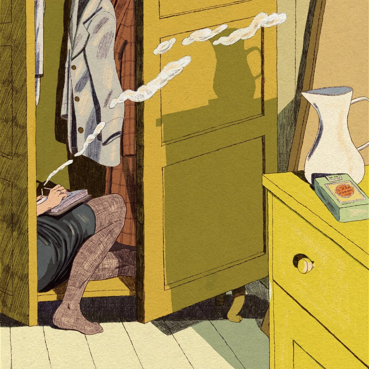 Illustration of a seated person partly hidden behind an open door in a yellow interior