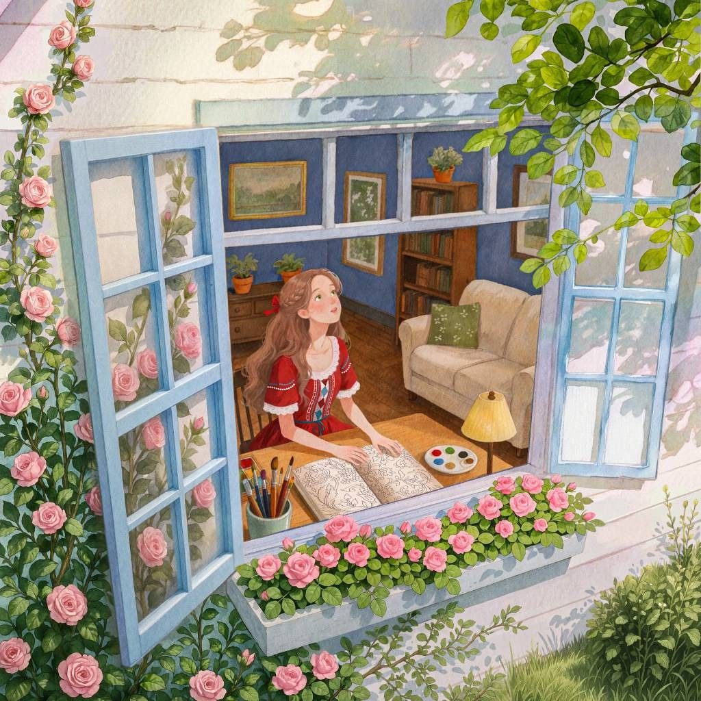Young woman painting at blue window frame with pink roses and garden plants around it