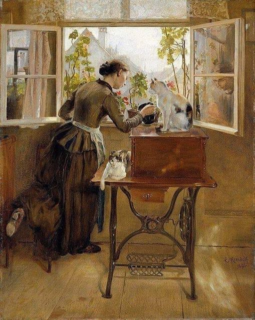 Woman Feeding Cats at Window