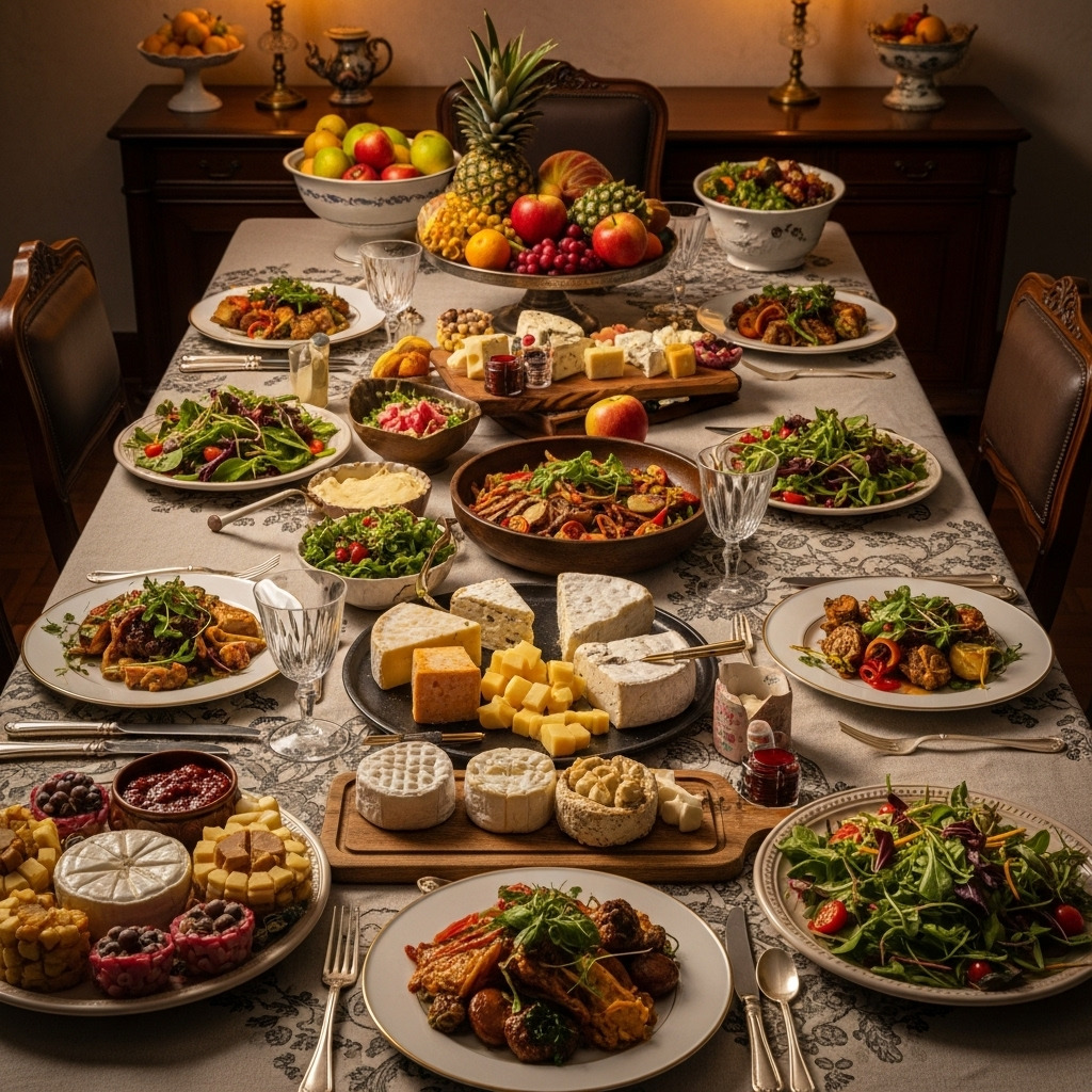 A dining table filled with cheeses, salads, fruit, bread, and plated French-style dishes