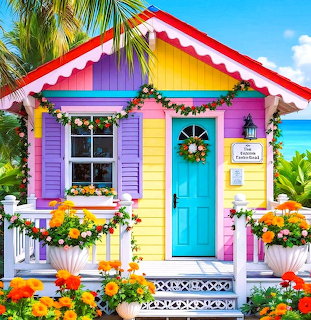 Brightly painted rainbow cottage with red striped roof, turquoise door, purple shutters, and colorful flower boxes