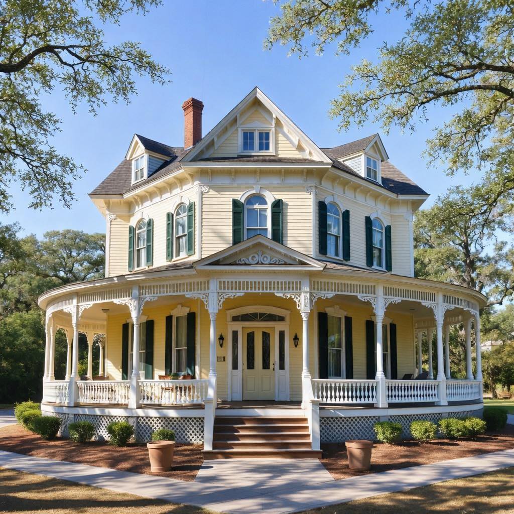 Yellow Victorian house with wraparound porch and green shutters under blue sky