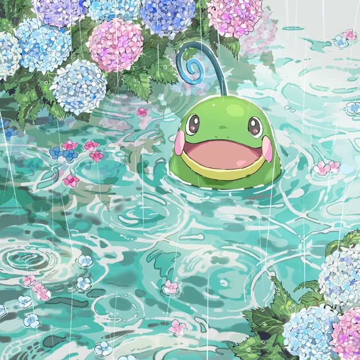 Green frog Pokemon in pond with hydrangeas and lily pads