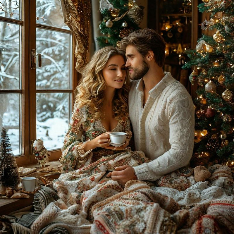 Cozy couple sitting by a snowy window next to a decorated Christmas tree with a cup of tea