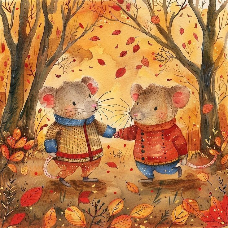 Two cartoon mice in sweaters holding hands in an autumn forest with falling leaves and pumpkins