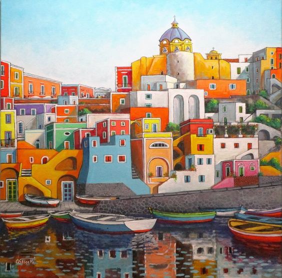 Colorful painted seaside village with small boats reflected in calm water