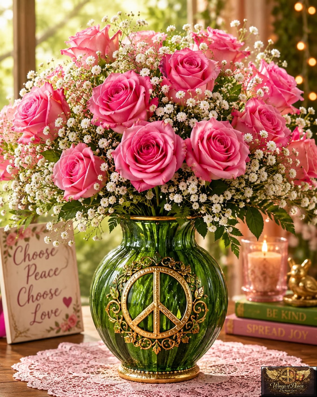 Pink roses and baby's breath in a green vase with a peace sign on a lace-covered table