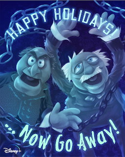 Two blue ghostly Muppet characters in chains with Happy Holidays Now Go Away text