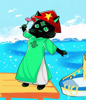 Cartoon black cat in green Vietnamese ao dai and conical hat holding a lotus flower by the ocean