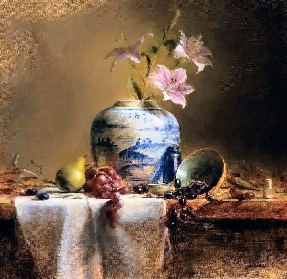 Still life painting of an oriental vase with flowers, pears, and grapes on a table