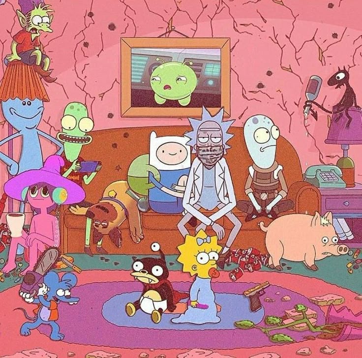 Various cartoon characters sitting and standing together in a pink-walled living room