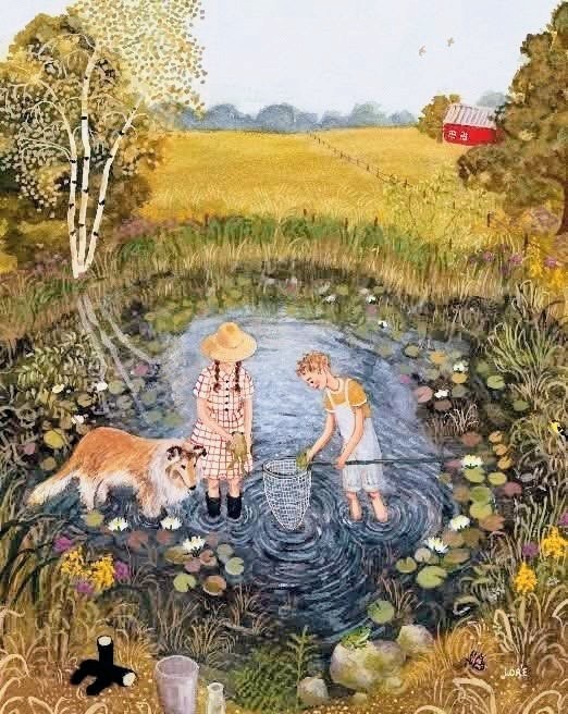 Two children playing in a pond with dog, rural farm landscape with golden field and red barn