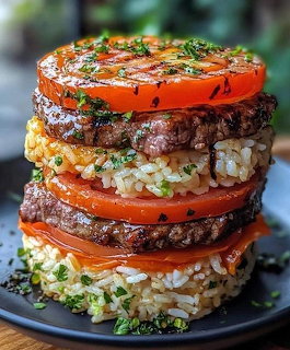 Stacked layers of beef patties, tomatoes, and rice cakes with herbs on a plate