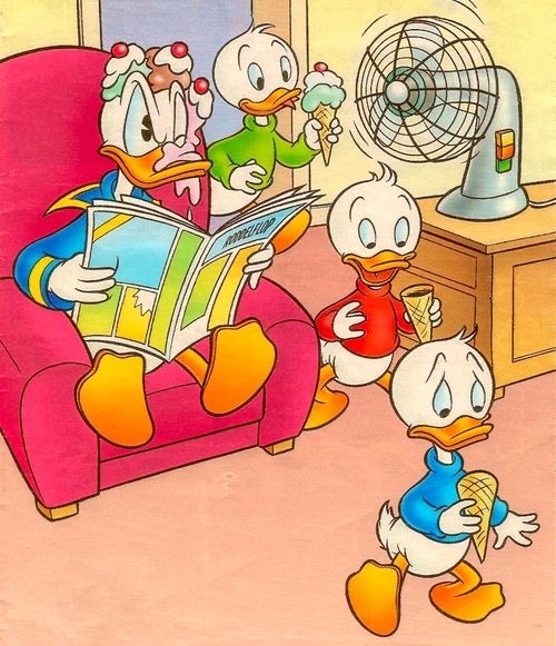 Donald Duck reading newspaper in armchair while nephews eat ice cream with electric fan nearby