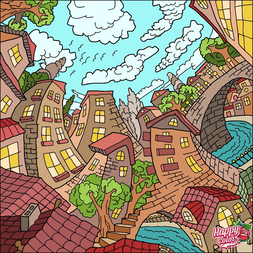 Whimsical illustration of colorful tilted houses with curved roofs, trees, pathways, and a hot air balloon in a blue sky
