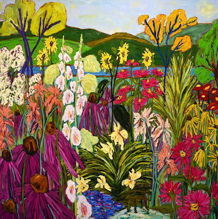 Colorful painting of a flower garden with tall blooms, green hills, and a blue pond