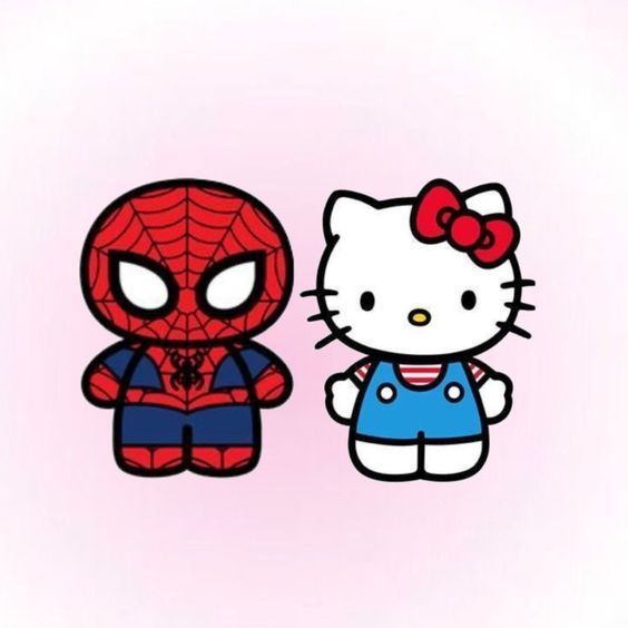 Cartoon Spider-Man and Hello Kitty standing side by side on a pale pink background
