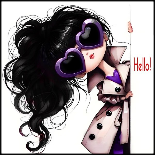 Cartoon girl with black hair, purple heart sunglasses, and pink coat next to Hello text