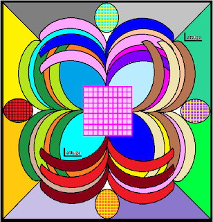 Colorful abstract geometric design with curved shapes, circles, and a pink grid square in the center
