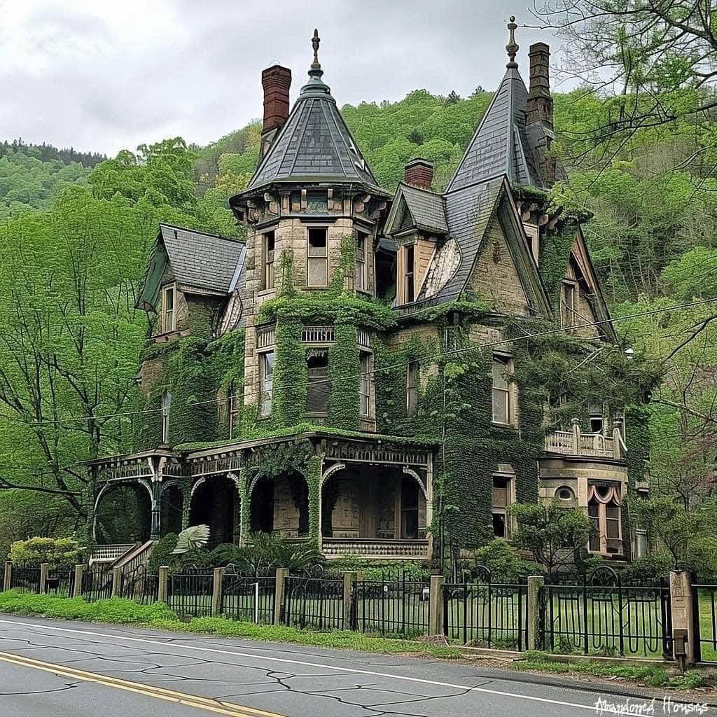 Deteriorating Victorian mansion with towers and ivy overgrowth beside road