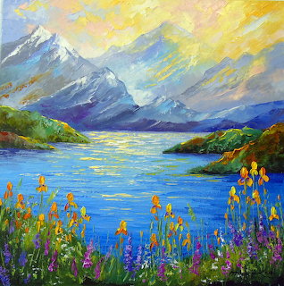 Impressionist painting of mountains, lake, and wildflowers with vibrant sky