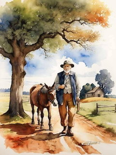 Watercolor painting of a farmer leading a horse on a rural path under a tree