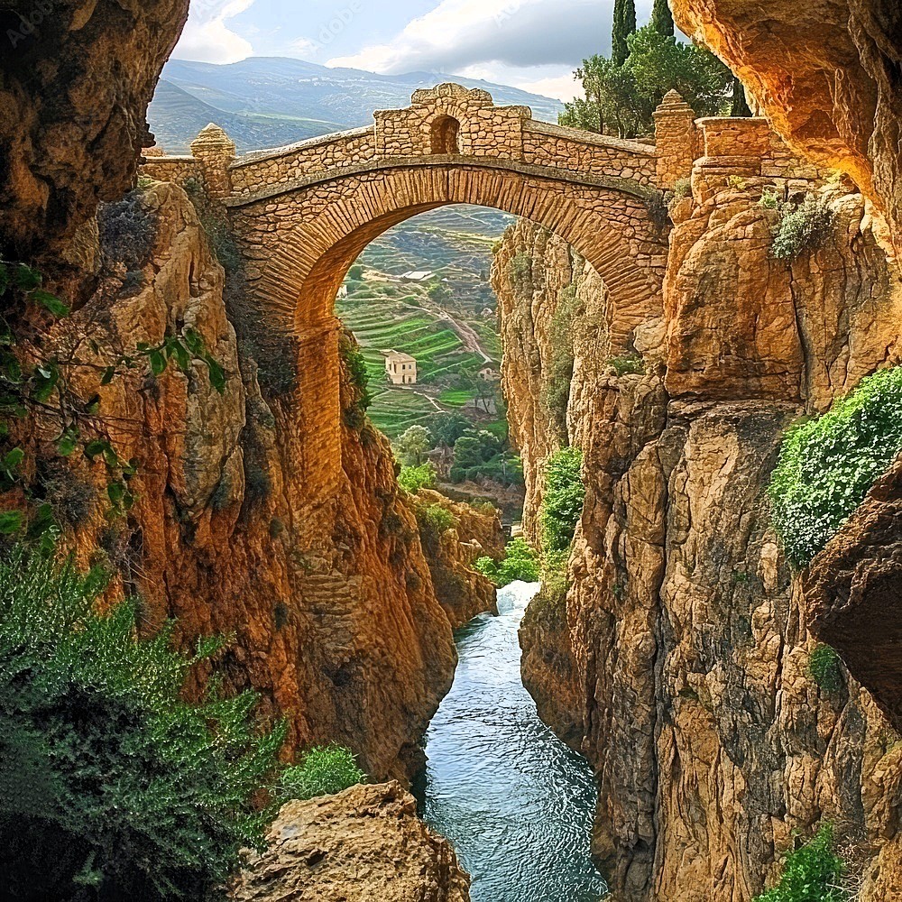 Stone bridge over a narrow rocky gorge with a river below and green hills beyond