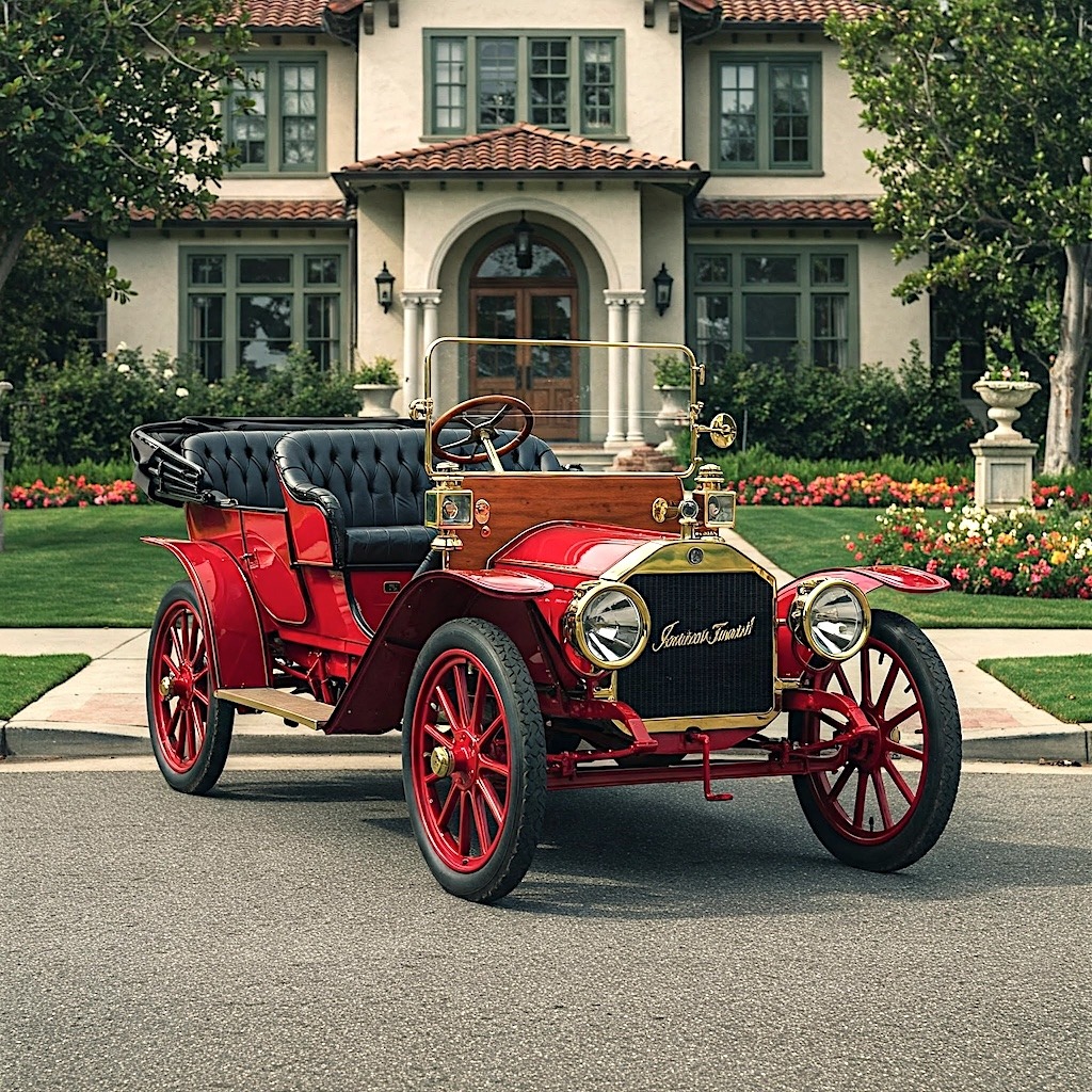 Red 1906 American Tourist Touring antique car parked in front of a large house