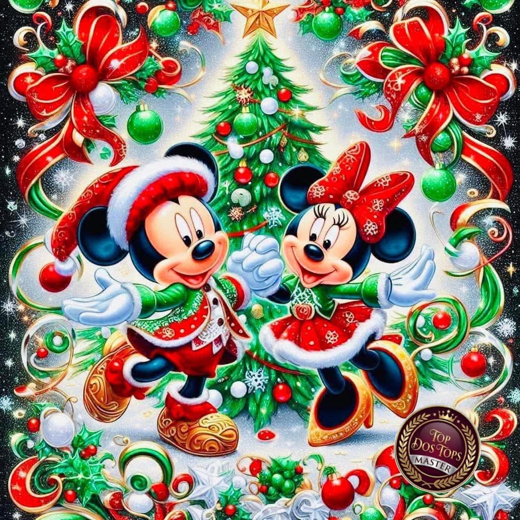 Mickey and Minnie Mouse in Santa costumes with Christmas tree and festive decorations