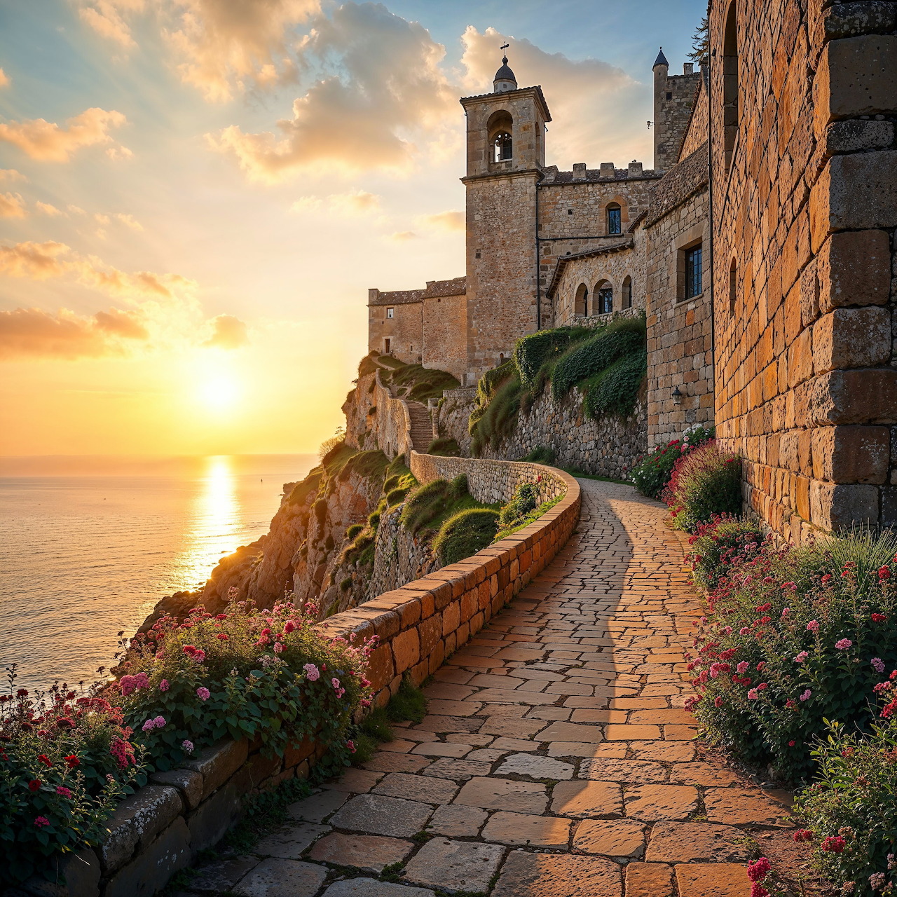 Stone castle perched on cliff overlooking ocean at sunset with curved pathway and flowers