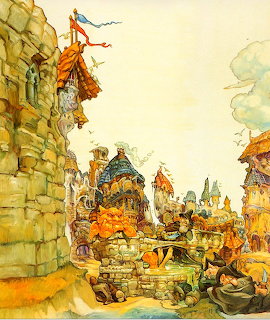 Watercolor painting of a fantastical stacked stone village with orange rooftops and flags by the water