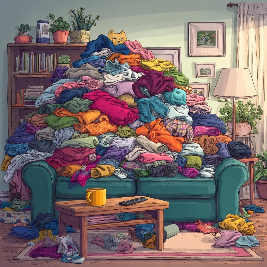 Large pile of colorful laundry and clothes heaped on a teal couch in a living room