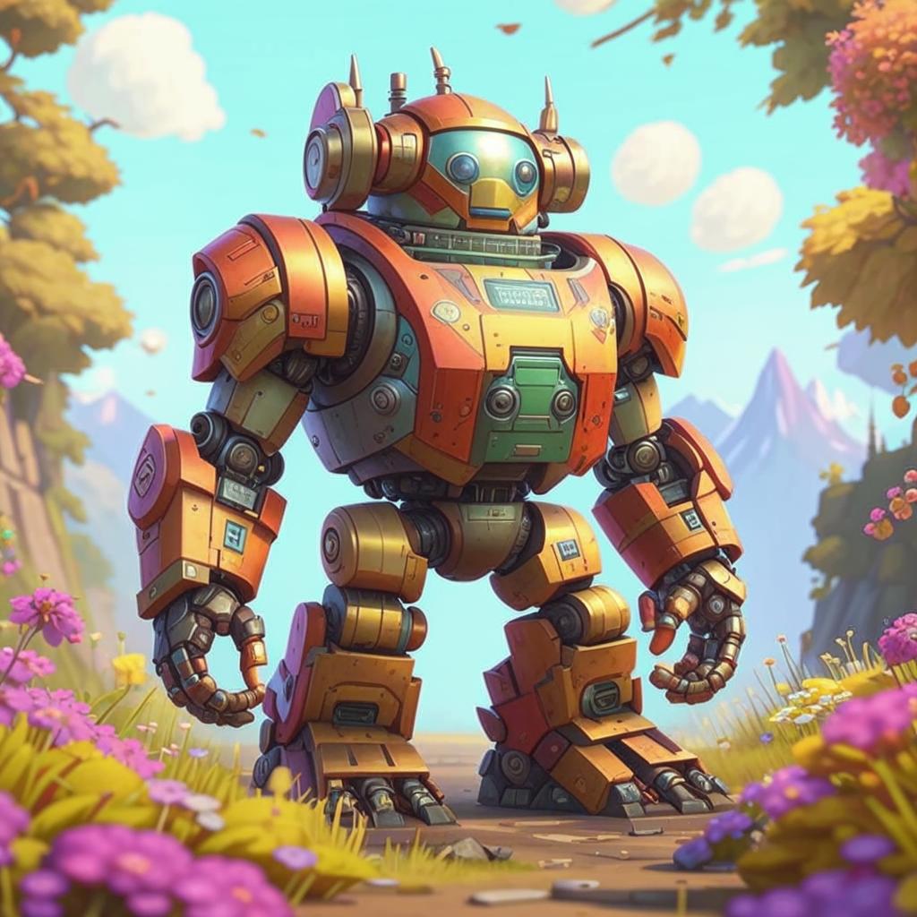 Colorful cartoon robot standing in a flower garden with autumn trees and mountains in the background