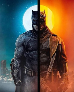 Batman in split portrait with blue and orange lighting showing costume detail and mask