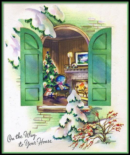 Vintage Christmas card illustration of green window shutters opening to a festive room with tree and fireplace