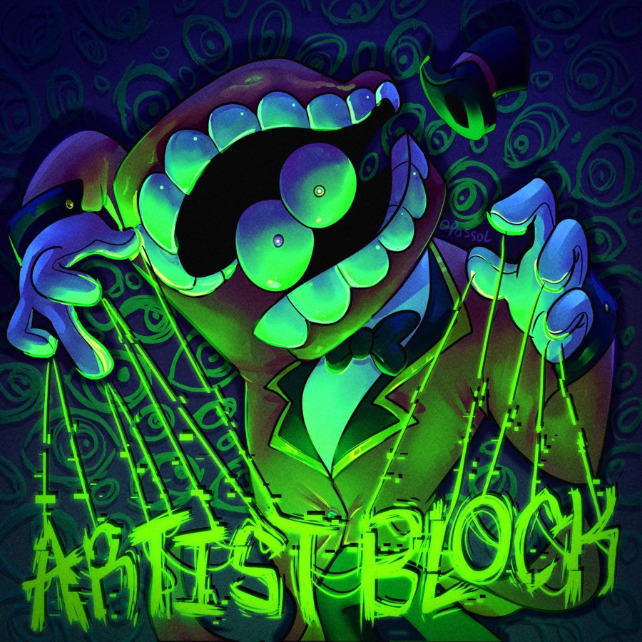 Neon cartoon monster with puppet strings above glowing green Artist Block text