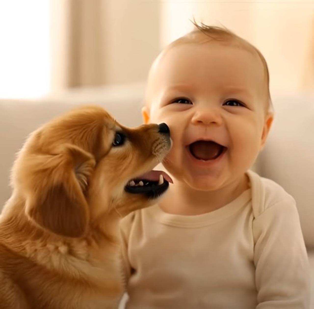 Smiling baby being licked by golden retriever puppy