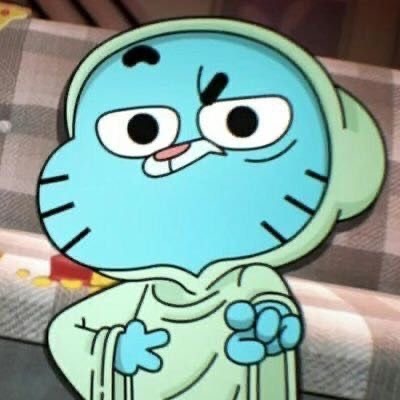 Cartoon character Gumball Watterson in a pale green hooded robe sitting on a couch