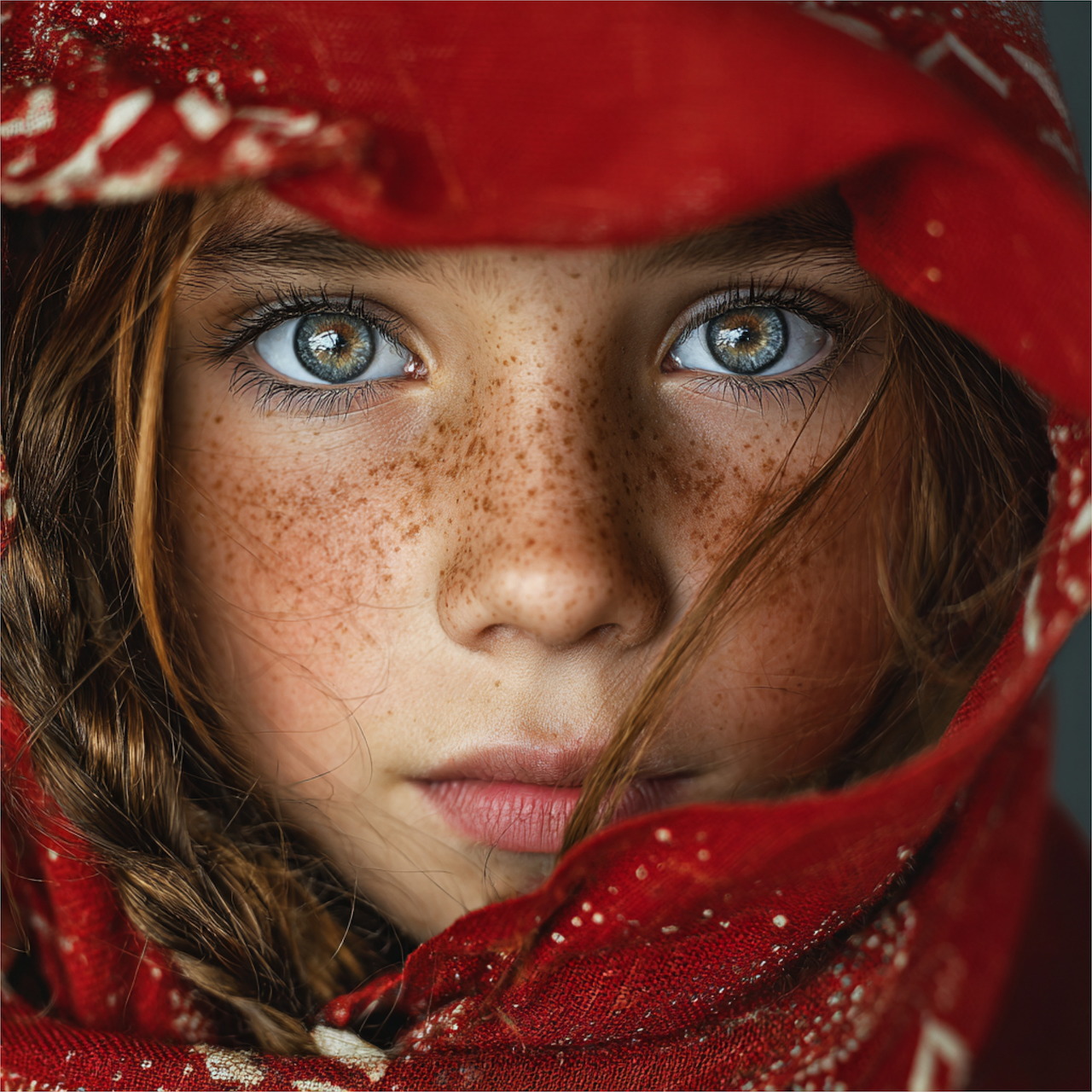 Close-up of girl with blue eyes and freckles wearing red scarf