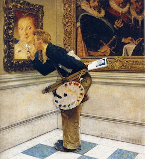 Norman Rockwell painting of a young man with easel and palette studying a portrait in an art museum