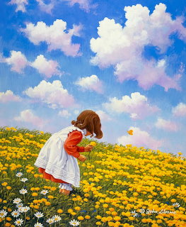 Girl in white dress picking flowers in yellow dandelion field under blue sky with clouds