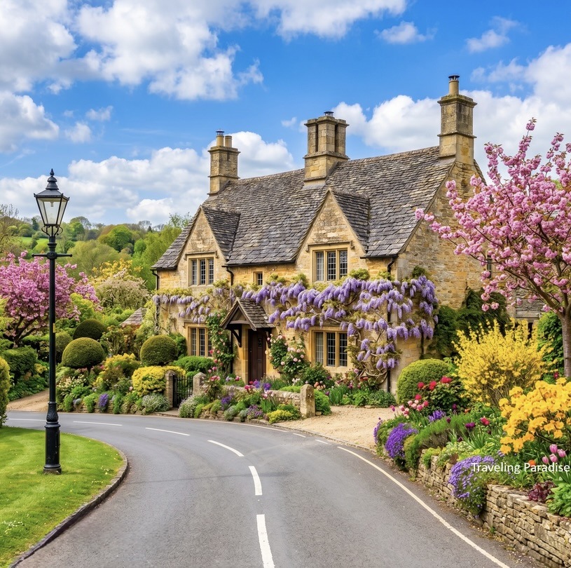 Stone cottage with blooming pink and purple flowers along curved road in English countryside