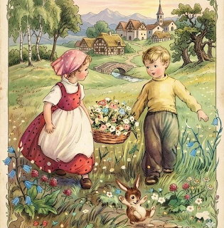 Vintage illustration of children carrying flower basket in pastoral village with cottages and animals