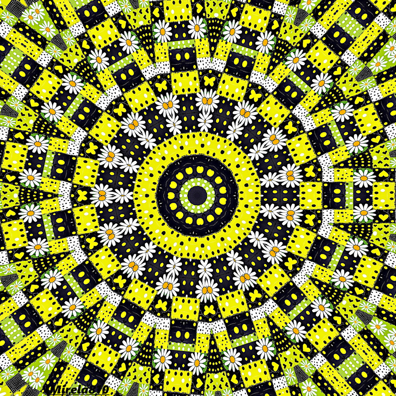 Circular mandala with yellow, black and white geometric patterns radiating from center
