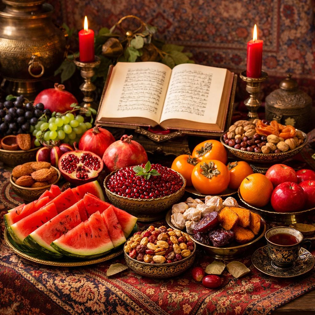 Elaborate table spread with pomegranates, watermelon, nuts, dried fruits, candles, and open book on ornate Persian rug