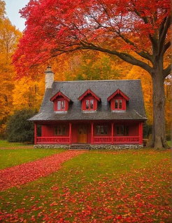 Red cottage with three dormer windows surrounded by colorful autumn trees and fallen leaves on green grass