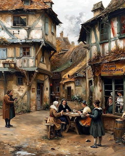 Oil painting of medieval village street with timber-framed houses and people in historical clothing at market stalls