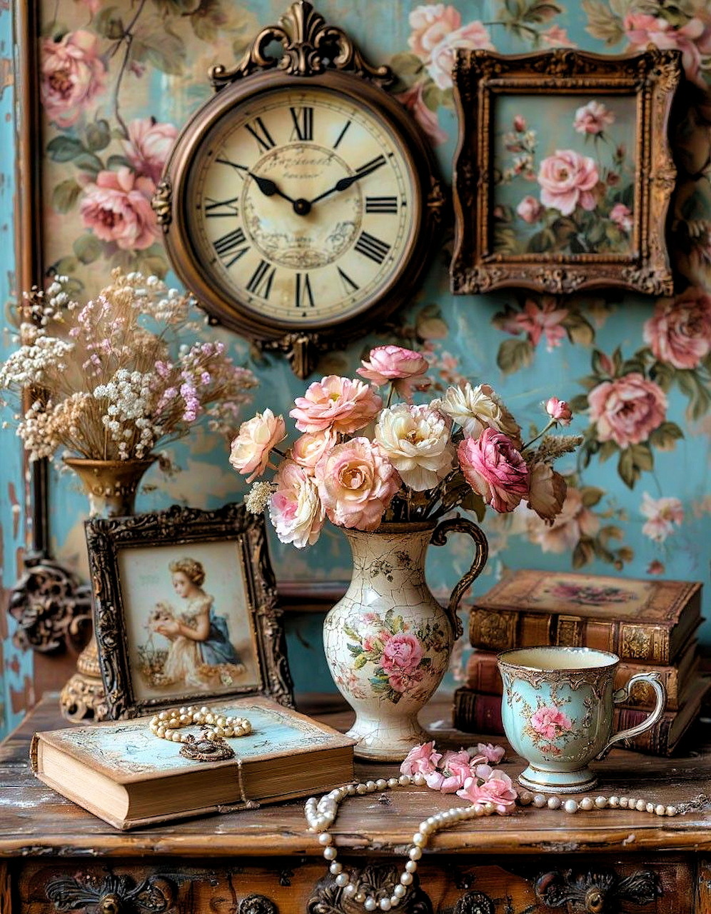 Vintage still life with pink roses in a floral vase, ornate clock, picture frames, books, teacup and pearls