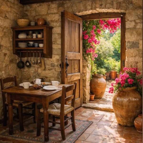 Rustic stone cottage interior with wooden furniture and open door to garden with pink flowers