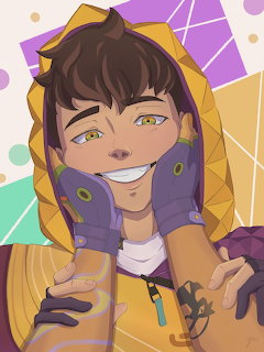 Stylized smiling Valorant character wearing a yellow hood and purple gloves on a pastel geometric background